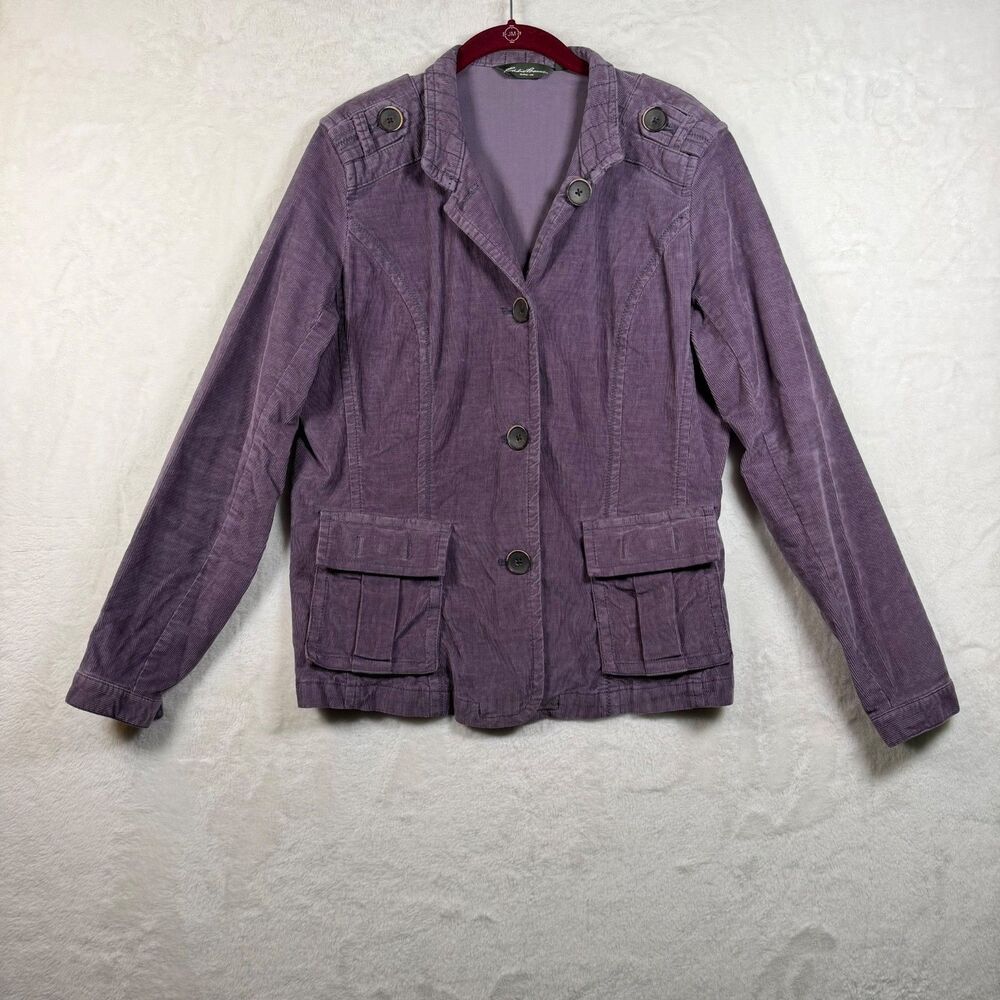Eddie Bauer Women’s Large Purple Corduroy Utility Jacket Epaulets Stretch